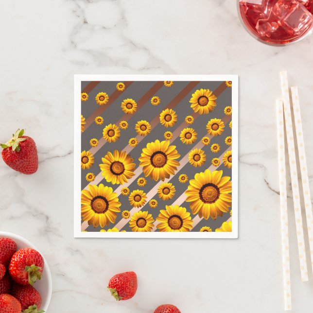 Schöne gelbe Blumen auf grauen, braunen Streifen Serviette (Beispiel)