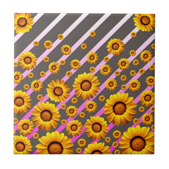 Schöne gelbe Blumen auf grauen, rosa Streifen Fliese (Vorderseite)