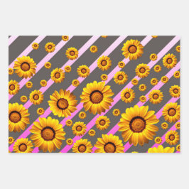 Schöne gelbe Blumen auf grauen, rosa Streifen Geschenkpapier Set