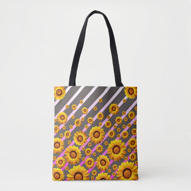 Schöne gelbe Blumen auf grauen, rosa Streifen Tasche (Vorderseite)