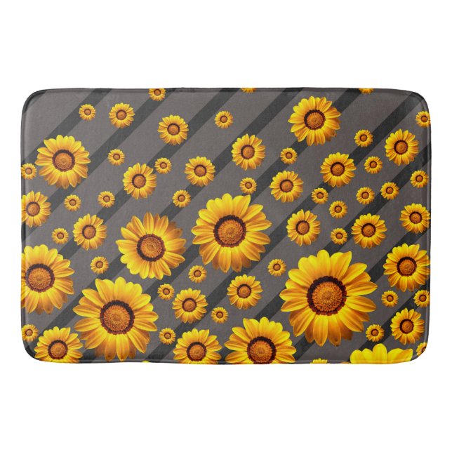 Schöne gelbe Blumen auf grauen, schwarzen Streifen Badematte (Vorderseite)
