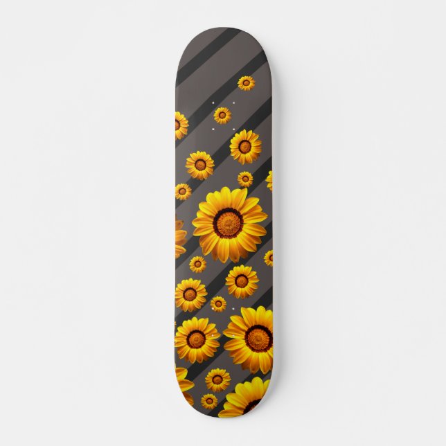 Schöne gelbe Blumen auf grauen, schwarzen Streifen Skateboard (Vorne)