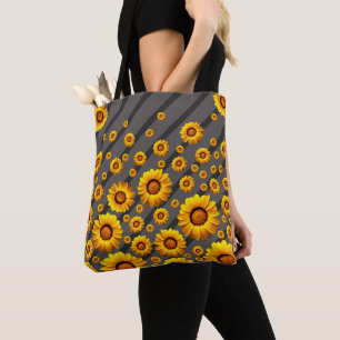 Schöne gelbe Blumen auf grauen, schwarzen Streifen Tasche
