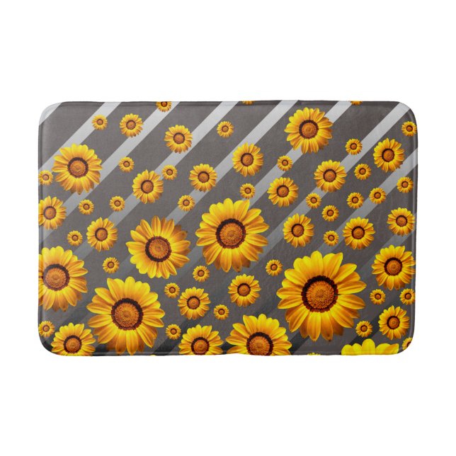 Schöne gelbe Blumen auf grauen, silbernen Streifen Badematte (Vorderseite)