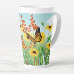 Schöne gelbe Blumen, blauer Himmel und Schmetterli Milchtasse