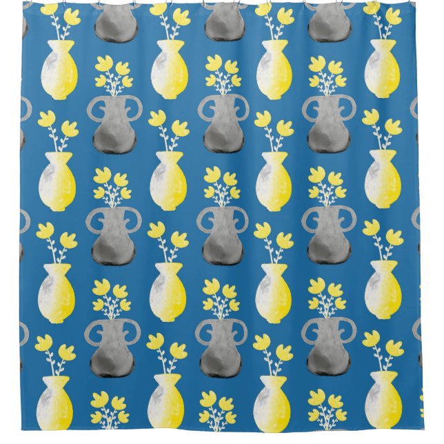 Schöne gelbe Blumen in schwarzen und gelben Töpfen Duschvorhang (Vorderseite)