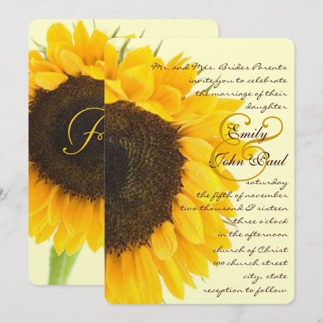 Schöne gelbe Elegance Hochzeit der Sonnenblumen Einladung (Vorne/Hinten)