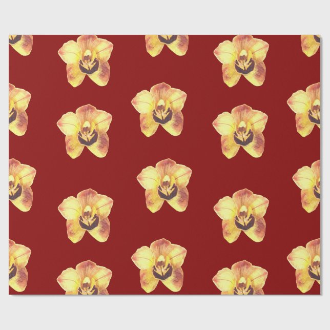 schöne gelbe Orchidee auf rubinrotem Hintergrund Geschenkpapier (Flach)
