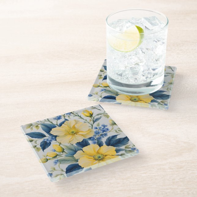 Schöne gelbe und blaue Blumen Glasuntersetzer (Schrägansicht)
