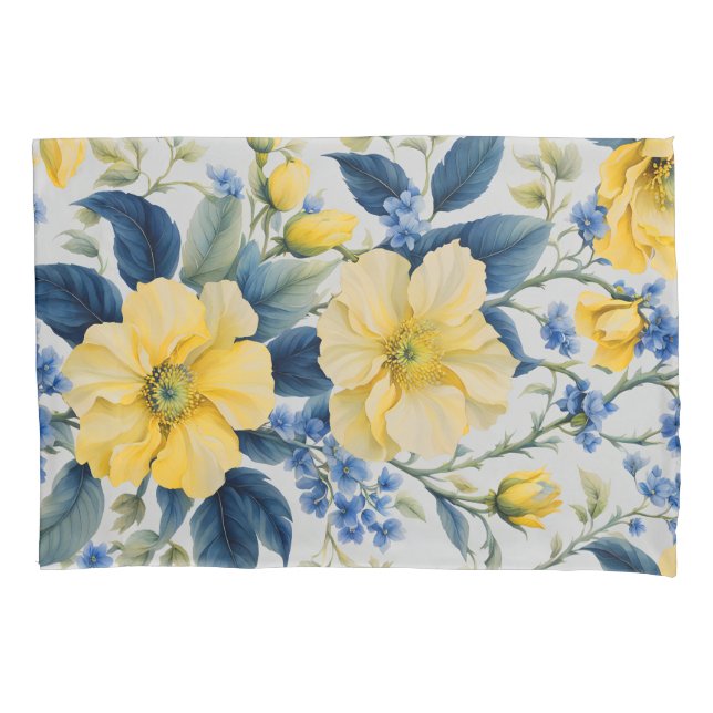 Schöne gelbe und blaue Blumen Kissenbezug (Vorderseite-Links)
