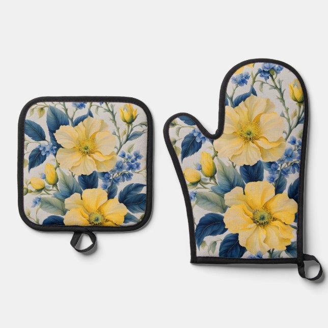 Schöne gelbe und blaue Blumen Ofenhandschuh & Topflappen-Set (Vorderseite)