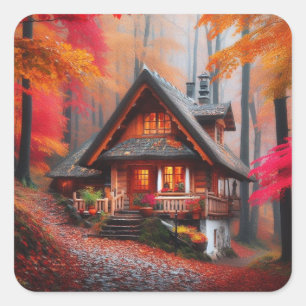 Schöne gemütliche Hütte mit Herbstblättern Quadratischer Aufkleber