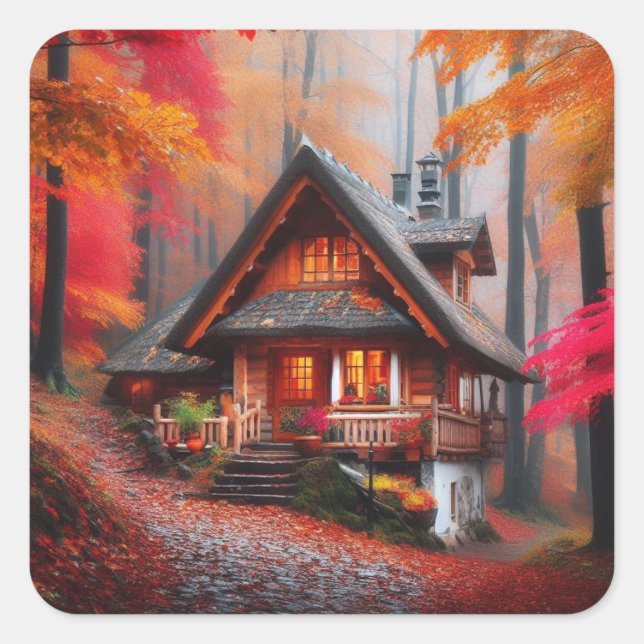 Schöne gemütliche Hütte mit Herbstblättern Quadratischer Aufkleber (Vorderseite)