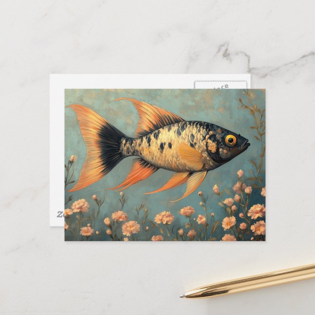 Schöne Gepunktete Schwarze Fische und rosa Blume Postkarte (Vorderseite/Rückseite Beispiel)