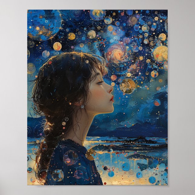 Schöne Girl Night in Ocean Mixed Media Poster (Vorne)