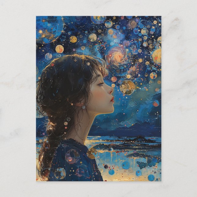Schöne Girl Night in Ocean Mixed Media Postkarte (Vorderseite)