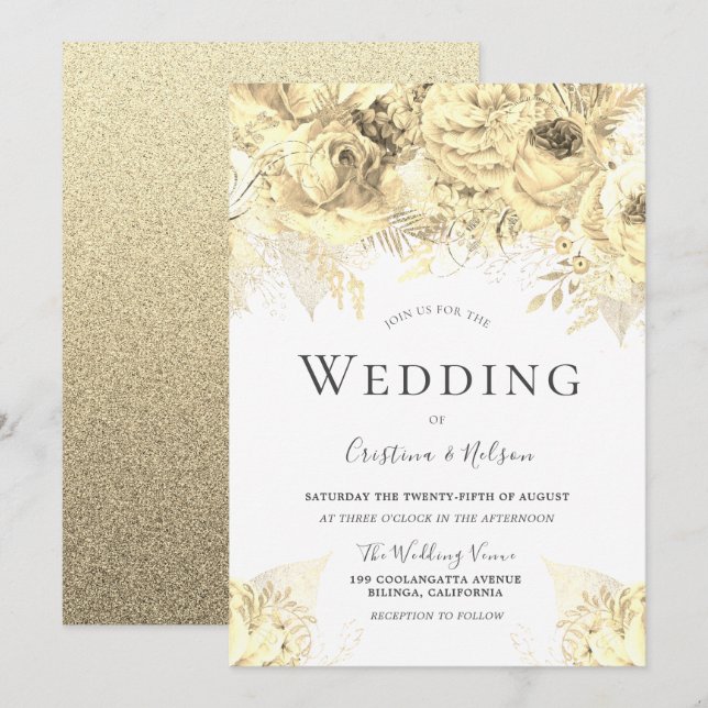 Schöne Goldene Blume Elegante Hochzeit Einladung (Vorne/Hinten)