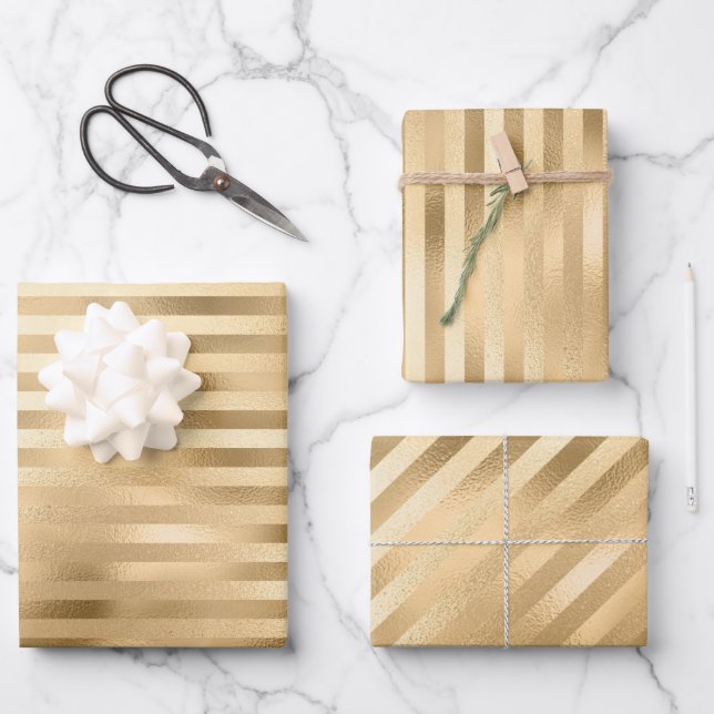 Schöne, goldgestreifte Hochzeit Geschenkpapier Set (Vorderseite)