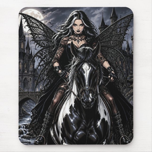 Schöne gotische Fee auf schwarzem Pferd Mousepad (Vorne)