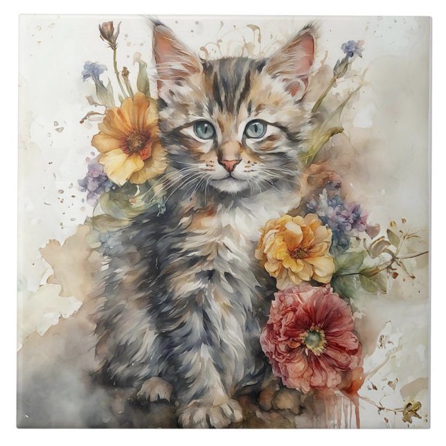 Schöne graue Katze umgeben von Blume Fliese (Vorderseite)