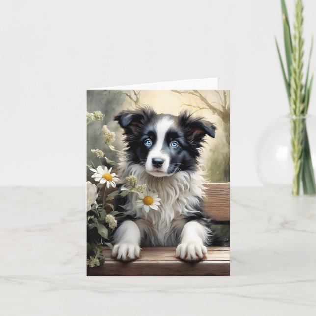 Schöne Grenz Collie Dog Blume Leere Gruß Karte (Vorderseite)