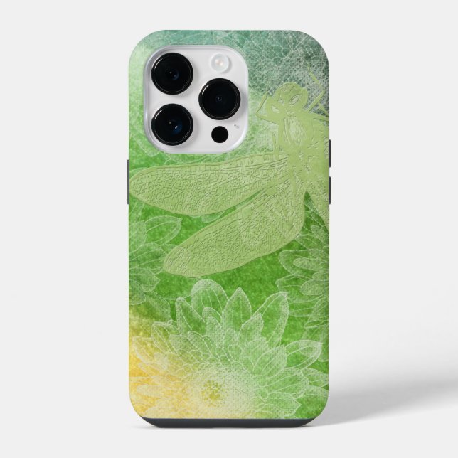 Schöne Grüne Libellen-Blumen-Design iPhone 14 Pro Hülle (Rückseite)
