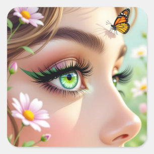 Schöne grüne Mit Augen Faibe und Schmetterling Quadratischer Aufkleber