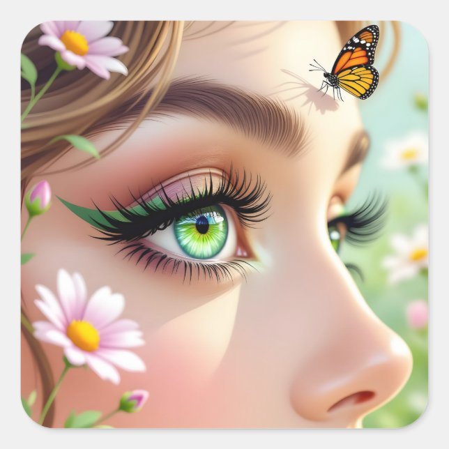 Schöne grüne Mit Augen Faibe und Schmetterling Quadratischer Aufkleber (Vorderseite)
