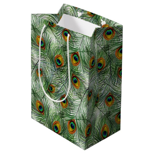 Schöne grüne Pfau-Feder Mittlere Geschenktüte (Rückseite Schrägansicht)