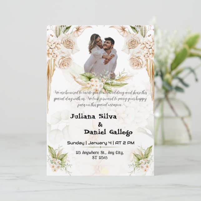 Schöne, grüne und beige Einladung zur Hochzeit (Stehend Vorderseite)