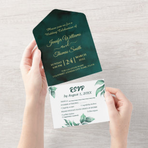 Schöne grüne und weiße Hochzeit All In One Einladung