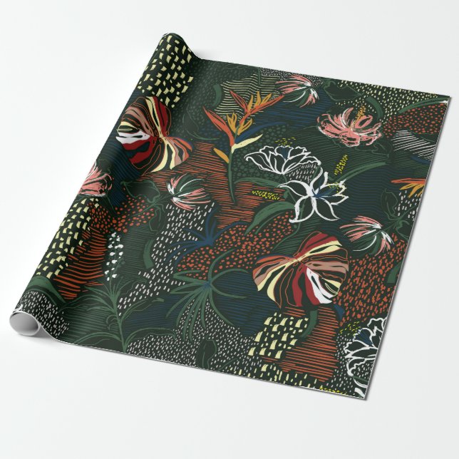 Schöne handgezeichnete Blume, tropische Palme Geschenkpapier (Ungerollt)