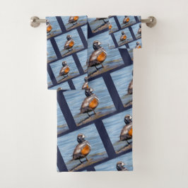 Schöne Harlequin-Ente am Felsen Badhandtuch Set