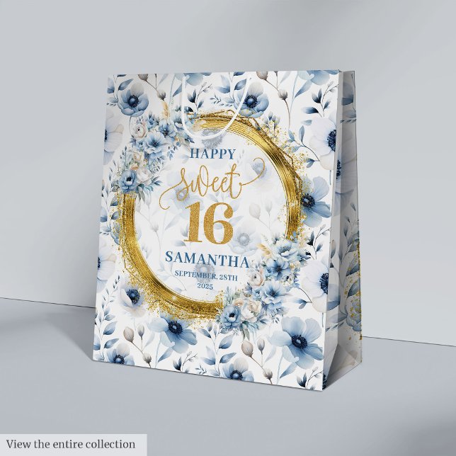 Schöne hellblaue Blumen Sweet 16 Gold Glitzer Mittlere Geschenktüte (Beautiful Light Blue Flowers Sweet 16 Gold Glitter Medium Gift Bag )