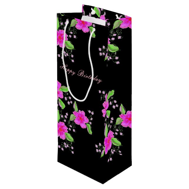 Schöne, helle Rosa Floral Geschenktüte Für Weinflaschen (Rückseite Schrägansicht)