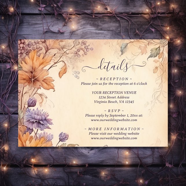 Schöne Herbstliche Blume lassen Hochzeitsdetails Begleitkarte (Front - Beautiful Autumn Flowers Fall Leaf Wedding Details Enclosure Card)