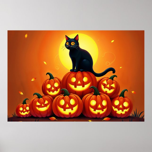 Schöne Herbstnacht mit glühenden Kürbissen Poster (Vorne)