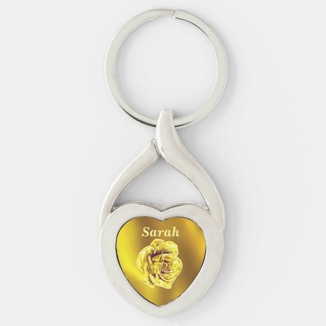 Schöne Herz-förmige goldene Rose personalisiert Schlüsselanhänger (Vorderseite)