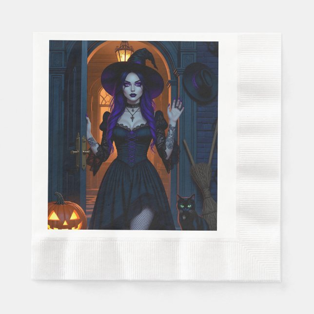Schöne Hexe mit Candelabra Halloween Serviette (Vorderseite)