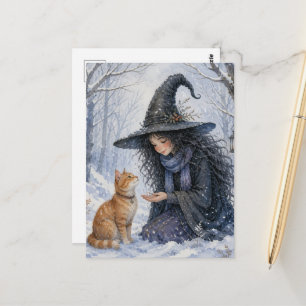 Schöne Hexe und rote Katze im Winterwald Postkarte