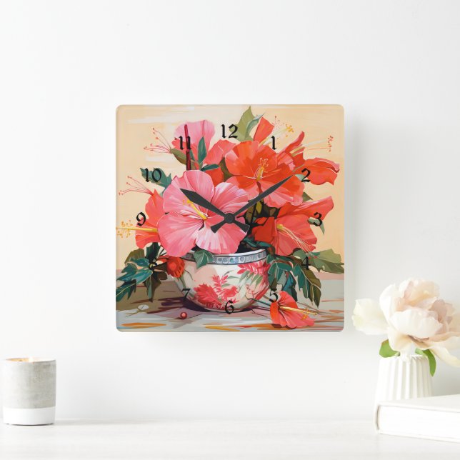 Schöne Hibiskus-Blume, rosa/rot, Quadratische Wanduhr (Zuhause)