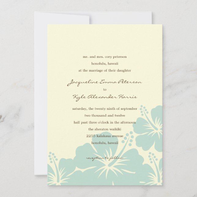 Schöne Hibiskus Hochzeitseinladungen (blau) Einladung (Vorderseite)