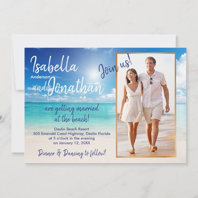Schöne Hochzeit am Strand | Foto hochladen Einladung (Vorderseite)
