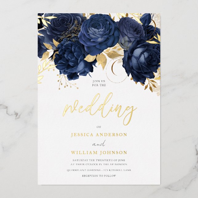 Schöne Hochzeit der Marine: Blumen und Gold Folieneinladung (Vorderseite)