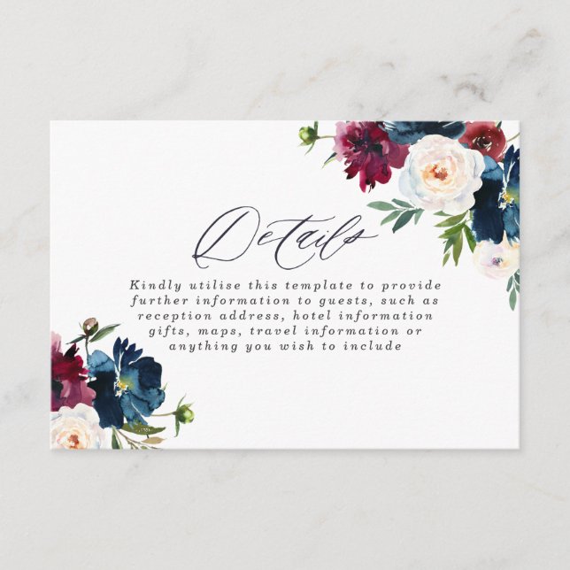 Schöne Hochzeit der Marine Burgundy Red Blush Flor Begleitkarte (Vorderseite)