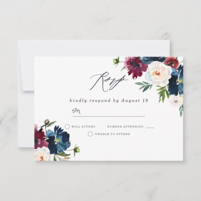Schöne Hochzeit der Marine Burgundy Red Blush Flor RSVP Karte (Vorderseite)