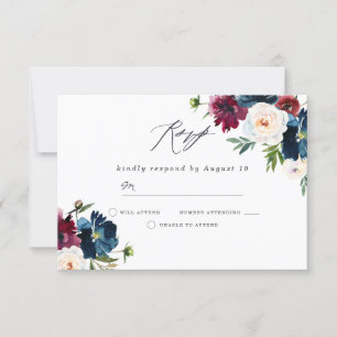Schöne Hochzeit der Marine Burgundy Red Blush Flor RSVP Karte