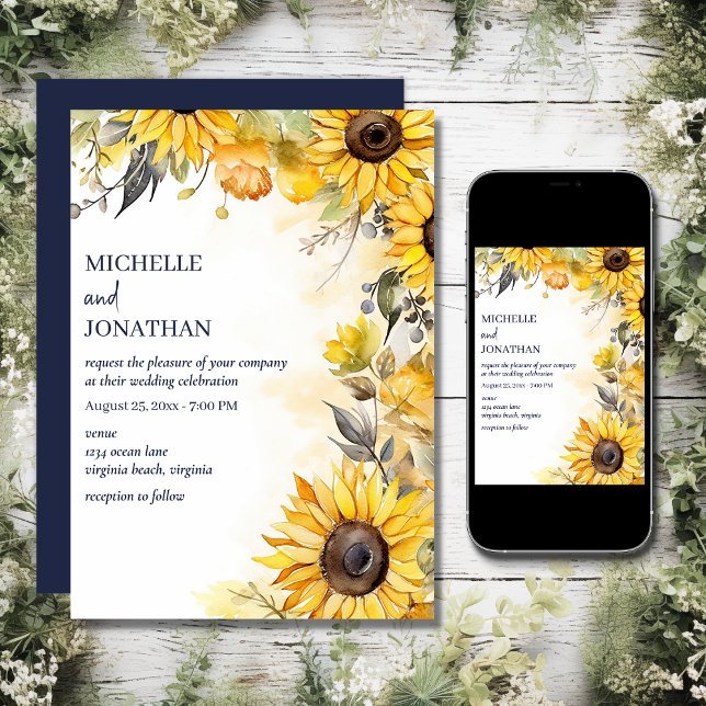 Schöne Hochzeit der Wasserfarben-Sonnenblumen Einladung (Printed and Digital - Beautiful Watercolor Sunflower Floral Wedding Invitation)
