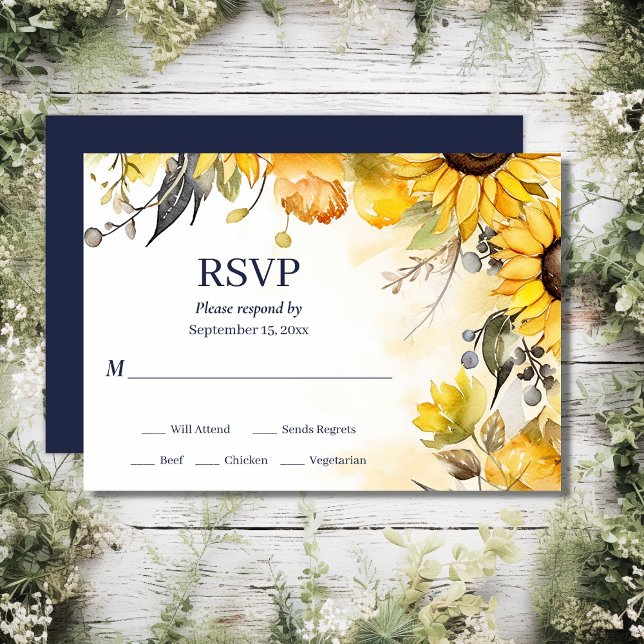 Schöne Hochzeit der Wasserfarben-Sonnenblumen RSVP Karte (Front and Back - Beautiful Watercolor Sunflower Floral Wedding RSVP Card)
