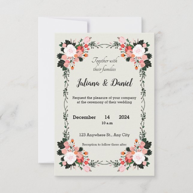 Schöne Hochzeit in Rosa und Weiß mit Blumen Einladung (Vorderseite)